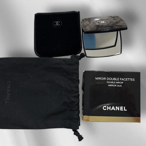 NIB CHANEL Black Compact Dual Mirror Blk Drawstring Logo Pouch Dustbag 4 ITEMS - Picture 10 of 16
